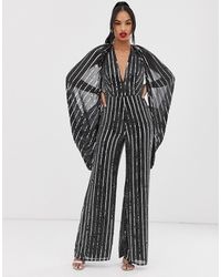 ASOS Cape Sleeve Jumpsuit In Sequin Stripe - Black