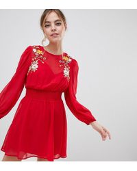 ASOS Petite - Korte Skaterjurk Met Borduursel - Rood