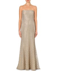 Oscar De La Renta Cap Sleeve V Neck Gown with Floral Embroidery in Gold ...