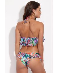 Luli Fama Morena Ruffle Sides Moderate Bikini Bottom - Viva Cuba Tropical Print - Blue