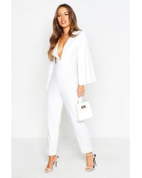 Boohoo Petite Cape Sleeve Extreme Plunge Jumpsuit - White