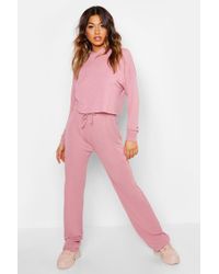 Boohoo Womens Ribbed Lounge Hoodie Set - Pink - 10