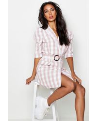 Boohoo Womens Self Belted Gingham Flannel Blazer Dress - Pink - 6
