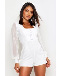 Boohoo Eyelet Sheer Sleeve Playsuit - White