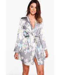 Boohoo Womens Satin Floral Print Robe - Gray - S