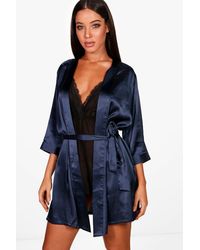 Boohoo Womens Satin Kimono Robe - Navy - S - Blue