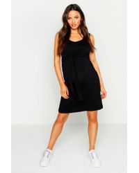 Boohoo Maternity Bardot Polka Dot Ruffle Midi Dress in Pink - Lyst