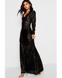 Boohoo Boutique Mia Sequin & Mesh Plunge Neck Maxi Dress - Black
