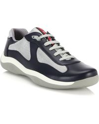 Prada Sport Navy Leather Logo Striped Sneakers in Blue for Men ...  