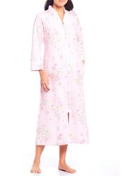 Miss Elaine Petite Quilt-in-knit Floral Print Zip-front Long Robe - Pink