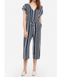 Express Printed V-neck Drawstring Culotte Jumpsuit Navy Stripe - Blue