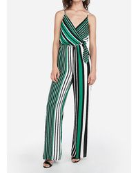 Express Striped Surplice Tie Front Wide Leg Palazzo Jumpsuit Green
