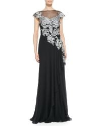 Rickie Freeman for Teri Jon Cap-Sleeve Lace Illusion-Bodice Gown - Lyst