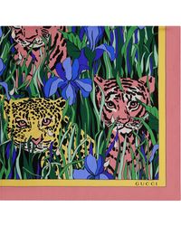 Gucci Silk Scarf With Feline Garden Print - Green