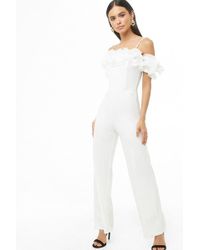 Forever 21 Women's Ruffle-trim Wide-leg Jumpsuit - White