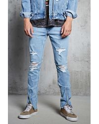 Boohoo Slim Fit Jeans With Ripped Knee And Raw Hem In Blue For Men