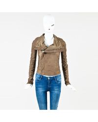 Rick Owens Brown Leather Draped High Collar Zip Jacket