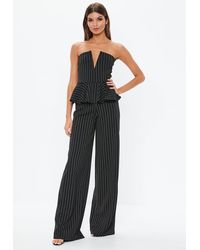 Missguided Black Pinstripe Peplum V Bar Romper