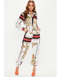 Missguided Floral Print Stripe Utility Playsuit - White