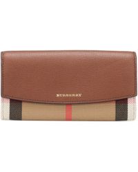 Burberry Portefeuille Continental en cuir et toile House Check - Marron