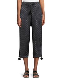 Figue Fiore Dot-print Pull-on Pajama Silk Satin Ankle Pants W/ Pompom - Black