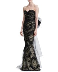 Women S Marchesa Dresses Online Marchesa Strapless Metallic Corded Lace Gown Lyst