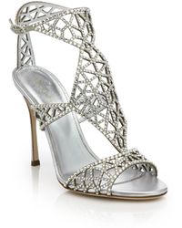 Lyst - Giuseppe Zanotti Platinum Leather Dollar Sign Crystal Sandals in ...