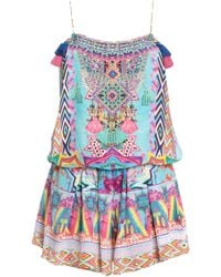 Camilla Masking Madness Embellished Printed Silk Playsuit Multicolour - Blue