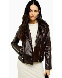 TOPSHOP Burgundy Faux Leather Crocodile Biker Jacket - Black
