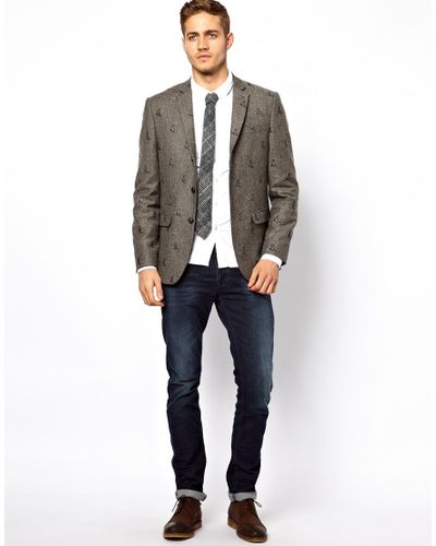 Lyst - Asos Slim Fit Tweed Blazer with Embroidery in Brown for Men