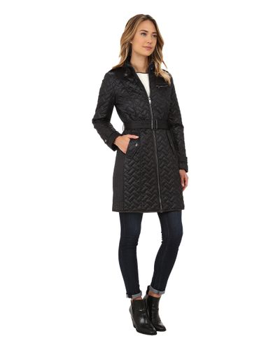 Lyst - Cole Haan Long Belted Signature Quilt Jacket in Black