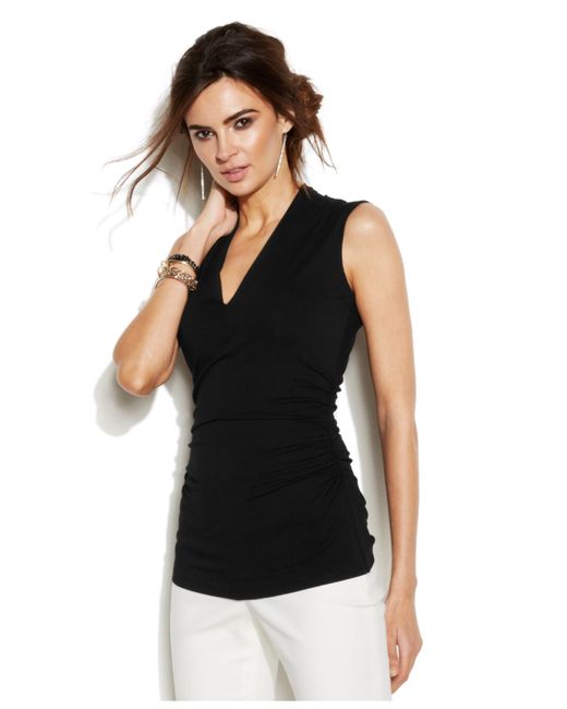 vince camuto sleeveless ruched v neck top in black lyst vince camuto sleeveless ruched v neck top in black lyst