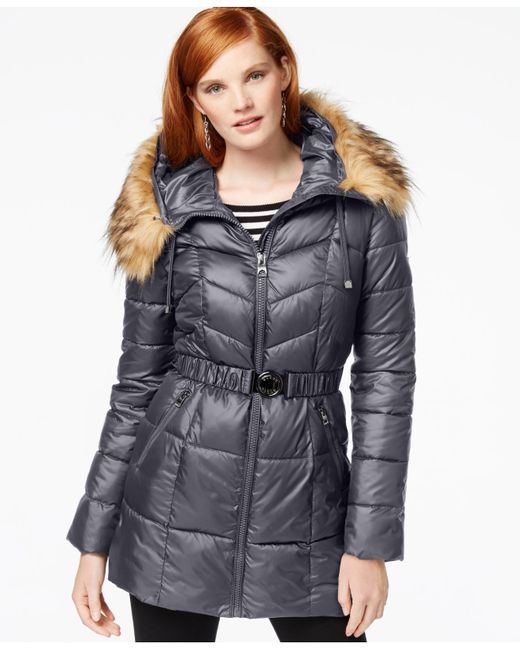 Guess Faux-fur-trim Belted Puffer Coat in Gray (Grey) - Save 50% | Lyst