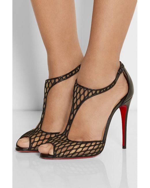Christian louboutin Tiny Fishnet Leather T-Bar Sandals in Black | Lyst