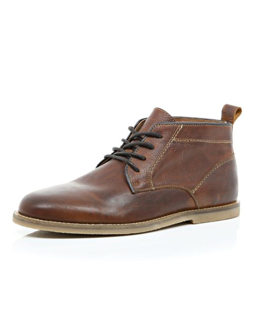 River island Brown Leather Lace Up Desert Boots in Brown for Men | Lyst