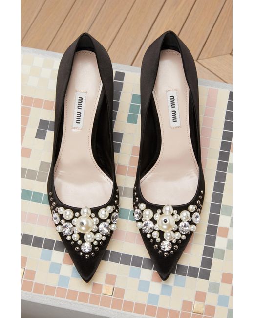 Lyst Miu Miu Mid Heels Pumps With Pearls Details in Black