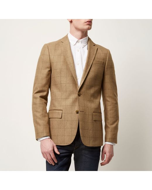 River Island Brown Check Wool Blend Slim Blazer In Brown For Men Lyst 8220