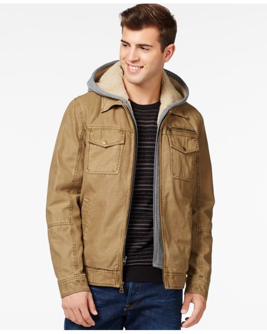 Guess Trucker Jacket With Attached Hood in Khaki for Men | Lyst
