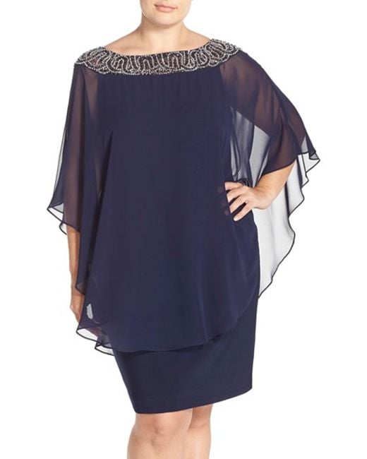 Xscape Embellished Chiffon Overlay Jersey Sheath Dress in Blue | Lyst