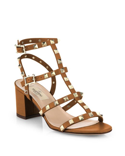 Valentino Rockstud Leather T-strap Block-heel Sandals in Gold (cognac ...