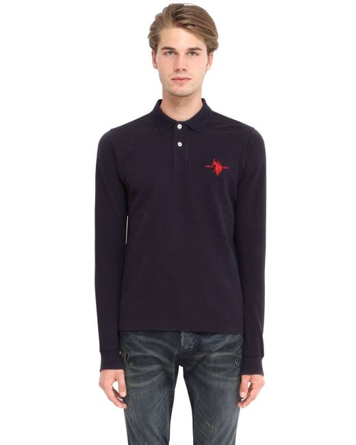 Download U.s. polo assn. Cotton Piqué Long Sleeve Polo in Blue for ...