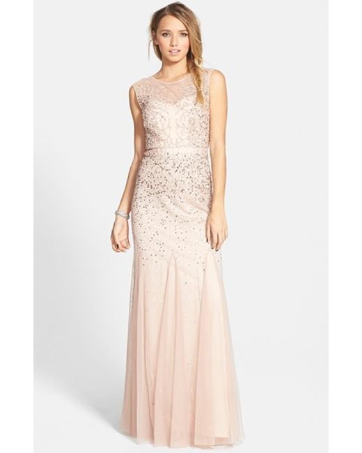 Adrianna papell Beaded Chiffon Gown in Pink (BLUSH) | Lyst