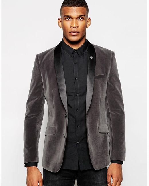 Asos Skinny Blazer In Velvet in Gray for Men (Grey) Lyst