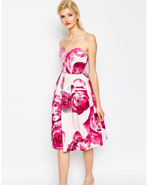  Asos  Bright Pink  Floral Bandeau Midi Prom  Dress  in Pink  