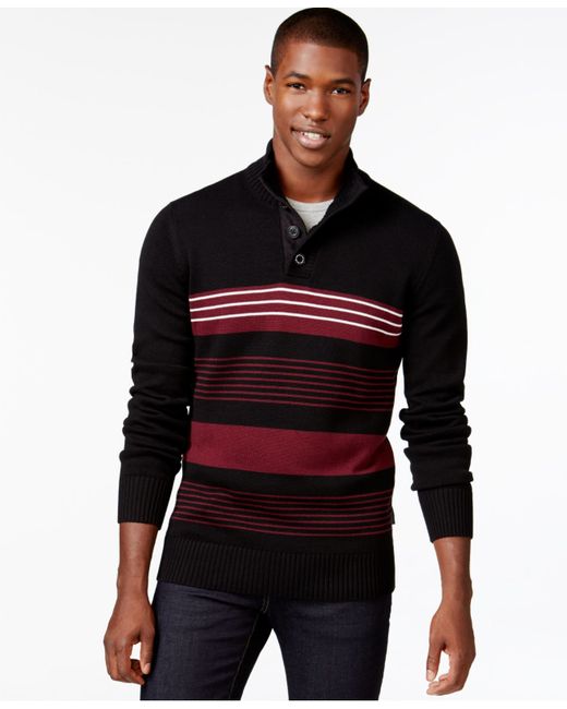 Sean john Striped Button-neck Sweater in Black for Men (Pm Black) | Lyst