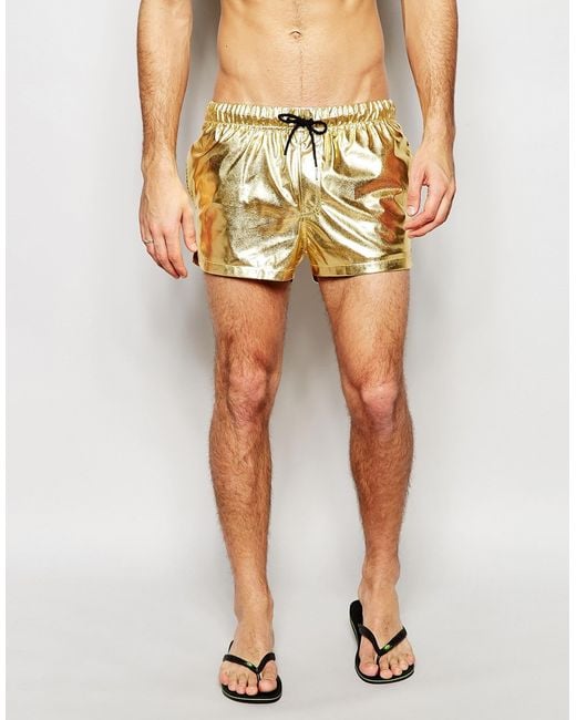 Asos Short Length Swim Shorts In Metallic Gold in Gold for Men Lyst