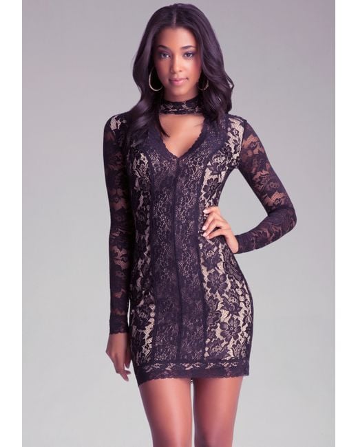 Bebe Lace Panel Mock Neck Dress In Black Lyst 