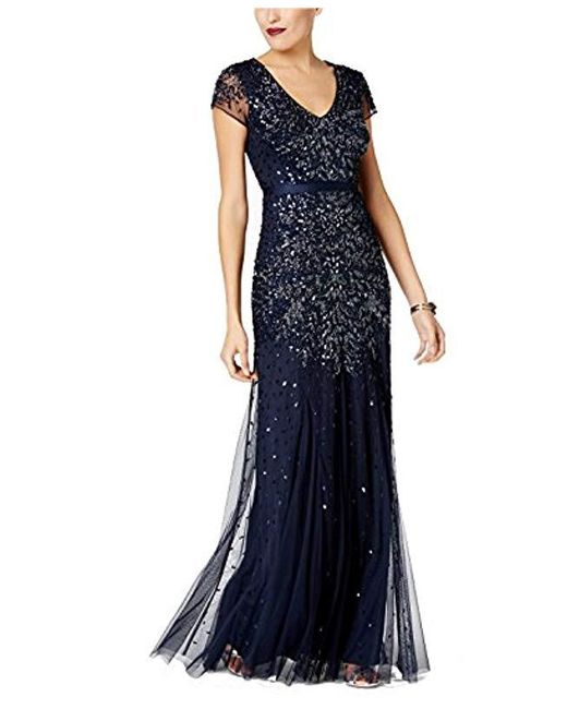 Lyst - Adrianna Papell Plus-size Short Sleeve V Neck Beaded Gown in Blue
