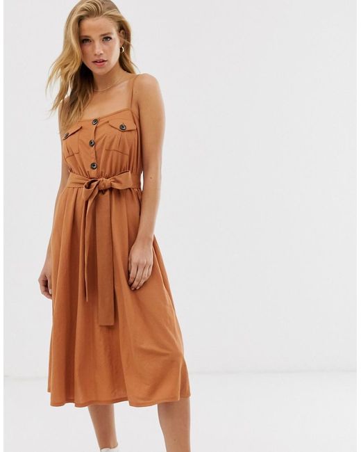 ASOS Midi Utility Belted Sundress in Brown - Lyst