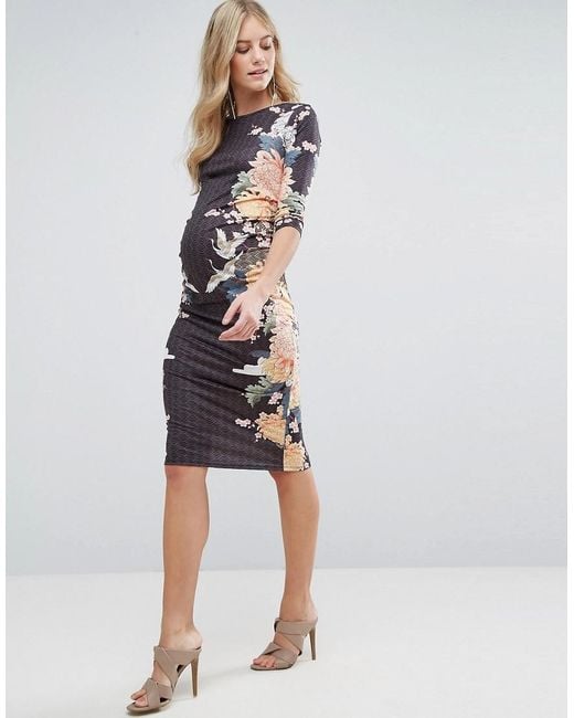 Bluebelle Maternity Midi Bodycon Dress In Floral Print Maternity Wear For Office Fold Over 